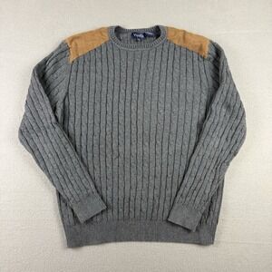 VIYELLA Cable Knit‎ Sweater sz Large Shoulder Patches Suede-like Gray Brown